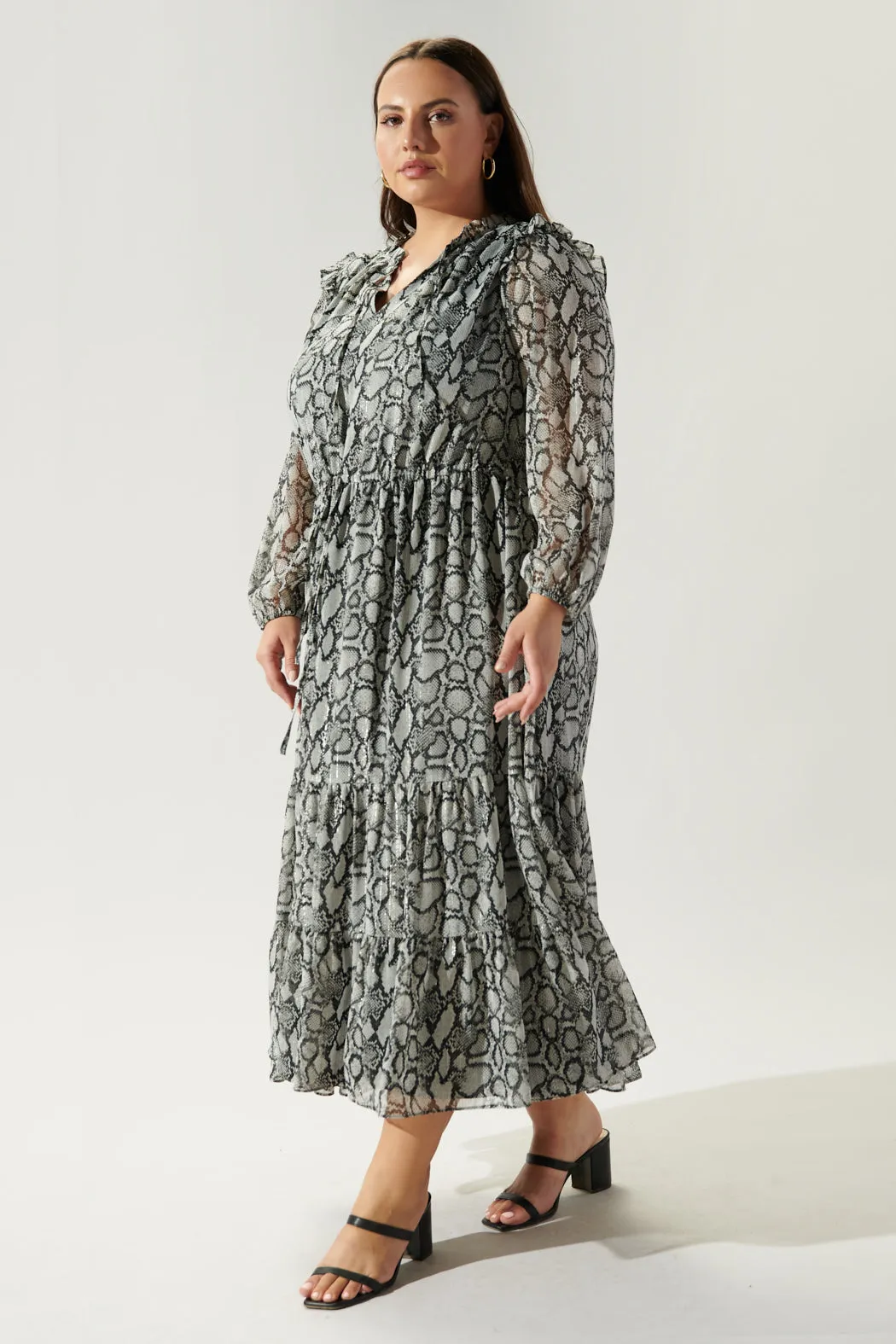 Alina Snake Print Tiered Midi Dress Curve