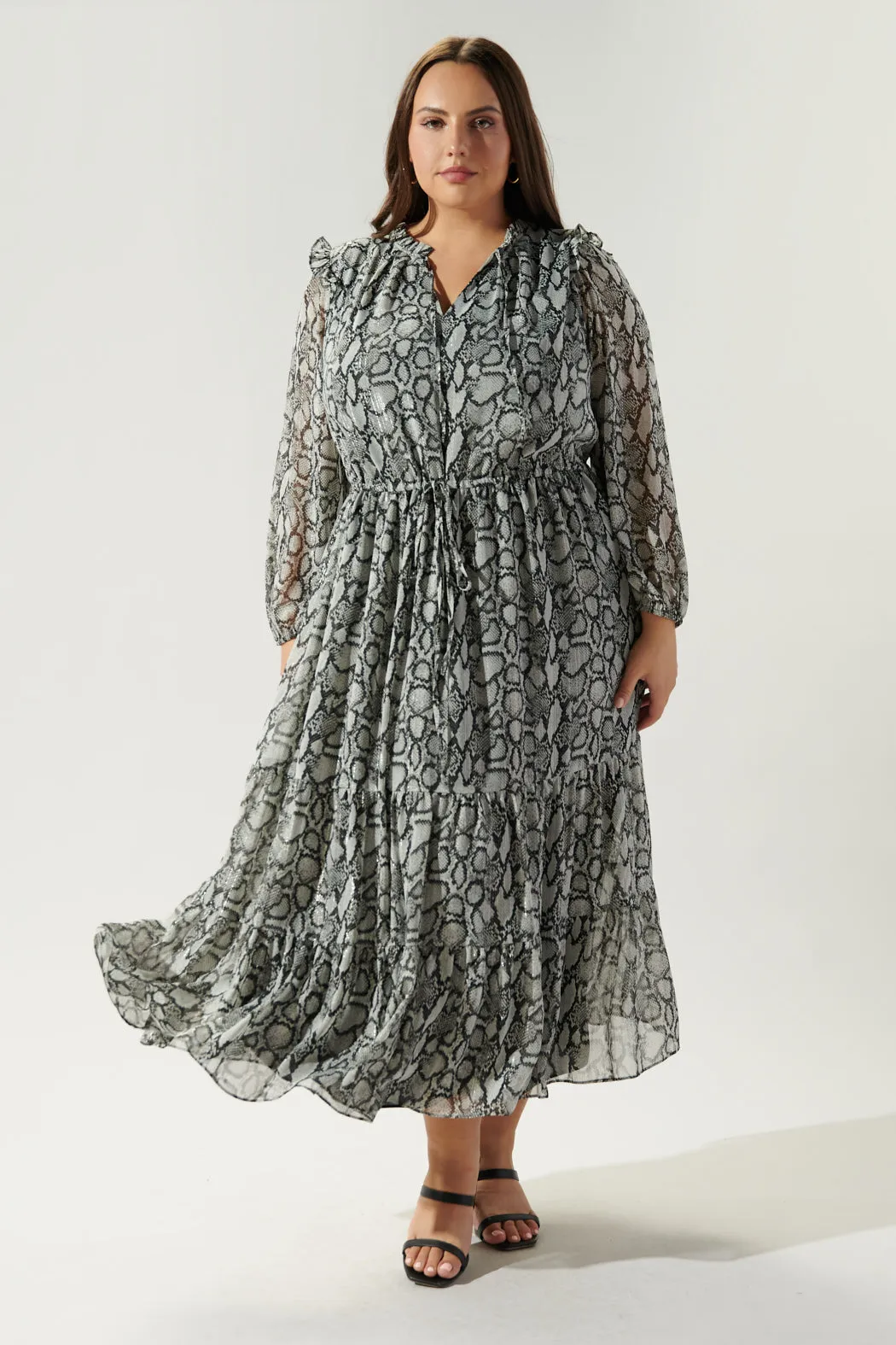 Alina Snake Print Tiered Midi Dress Curve