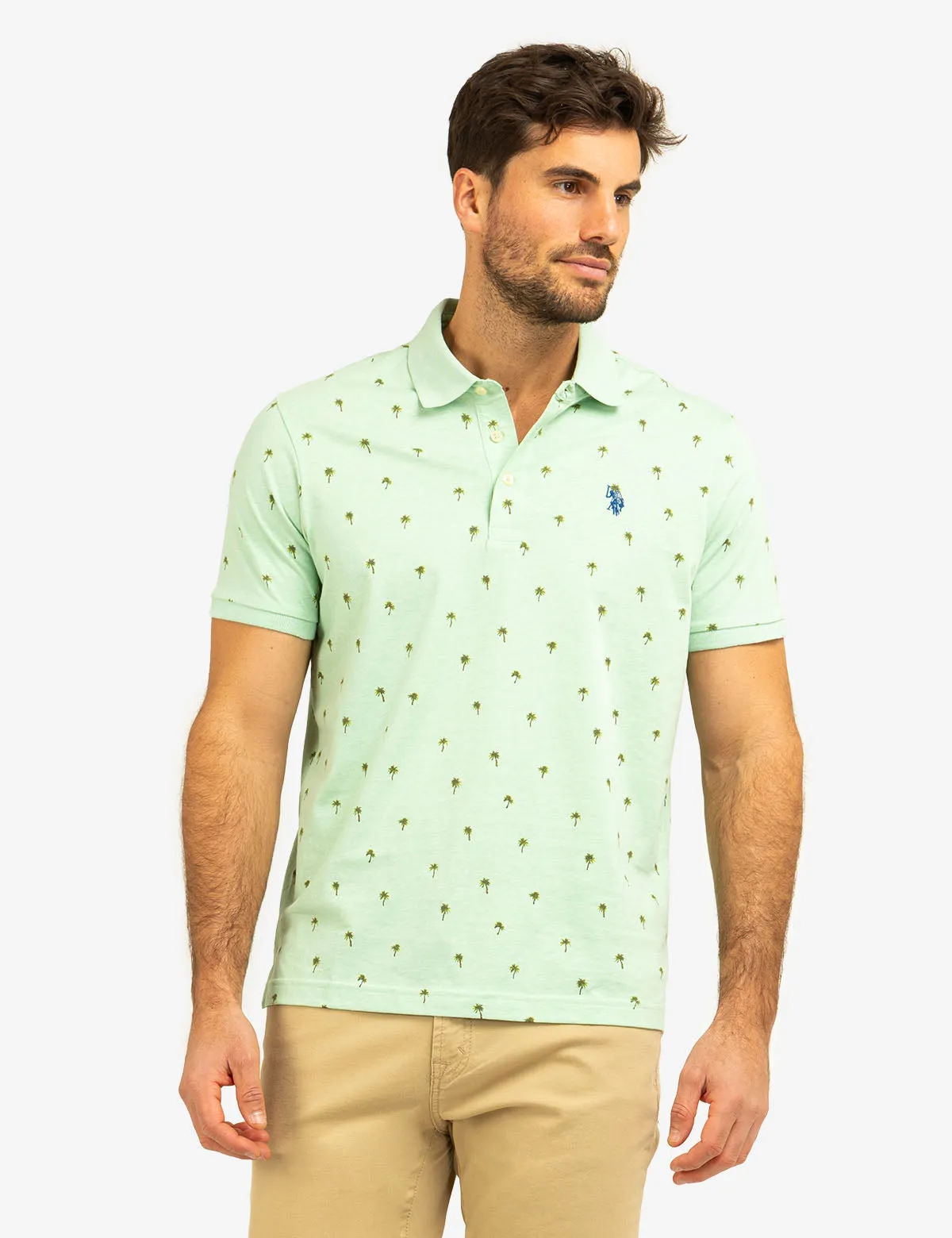 ALL OVER PALM PRINT JERSEY POLO SHIRT