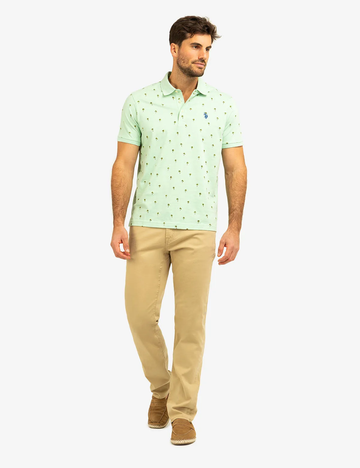 ALL OVER PALM PRINT JERSEY POLO SHIRT