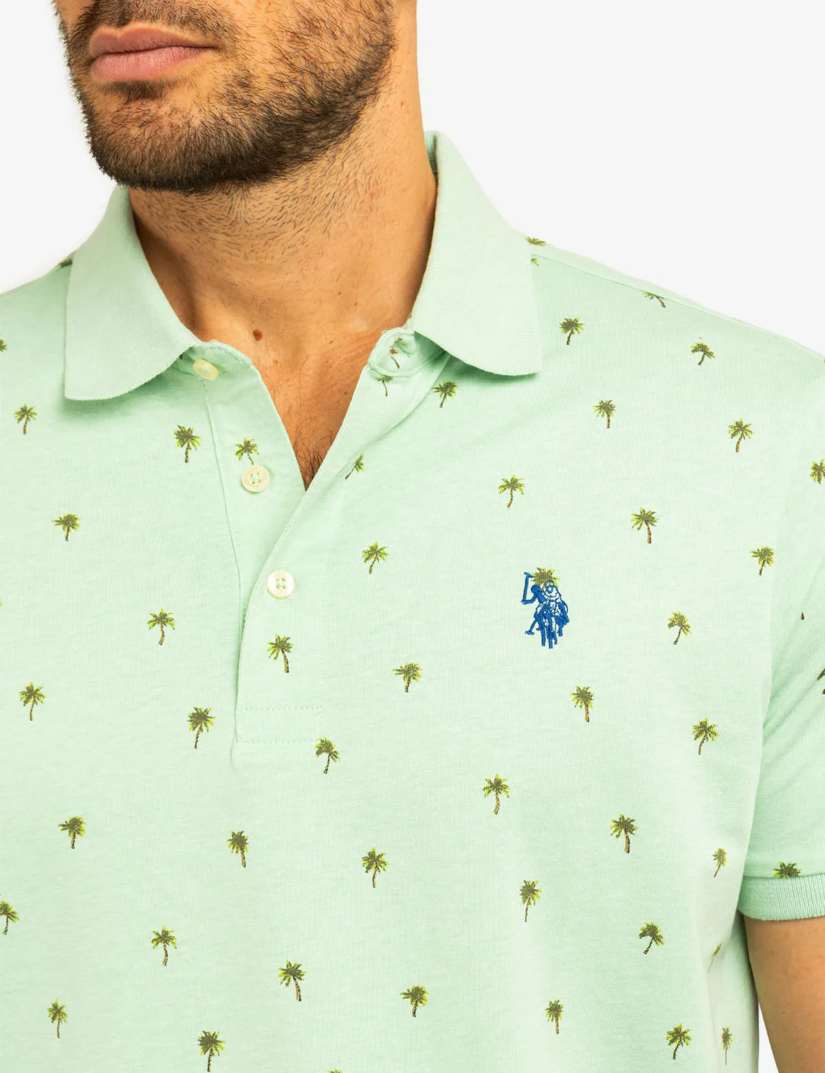 ALL OVER PALM PRINT JERSEY POLO SHIRT