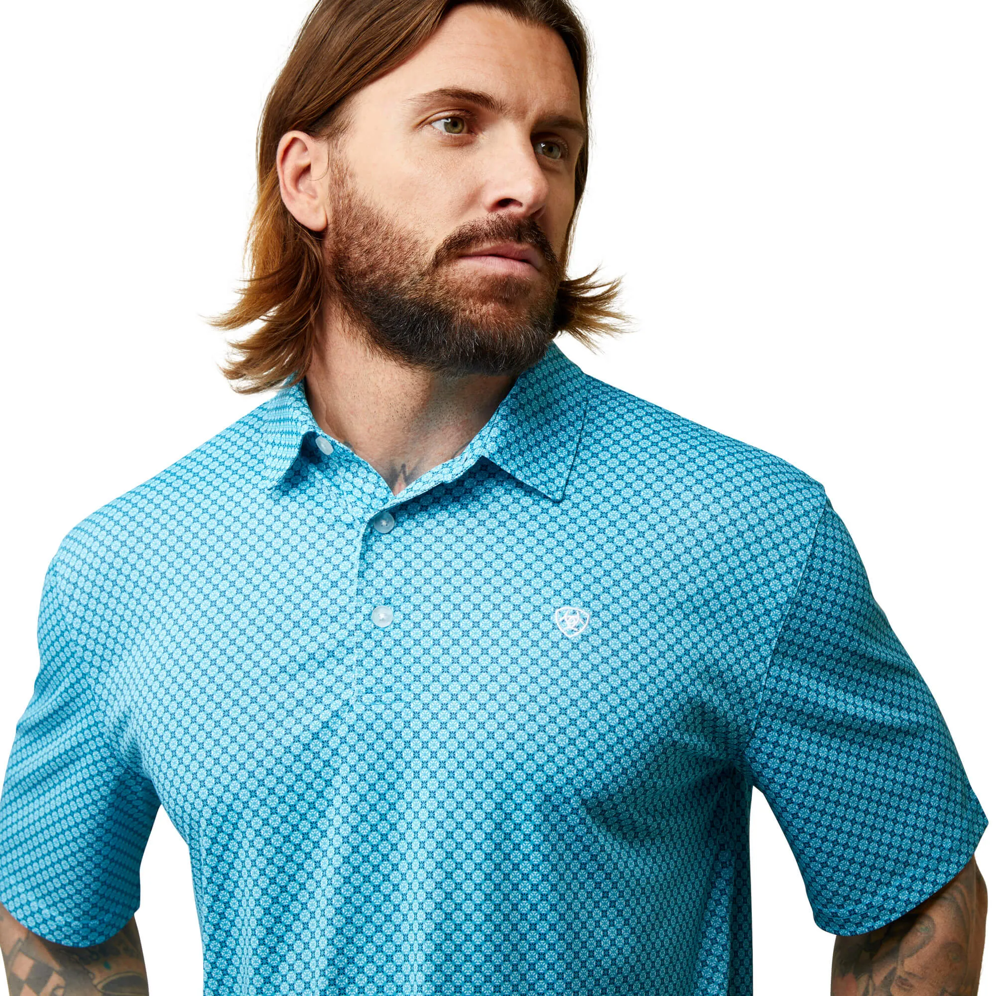 Ariat Men's All Over Medallion Polo in Peacock Blue