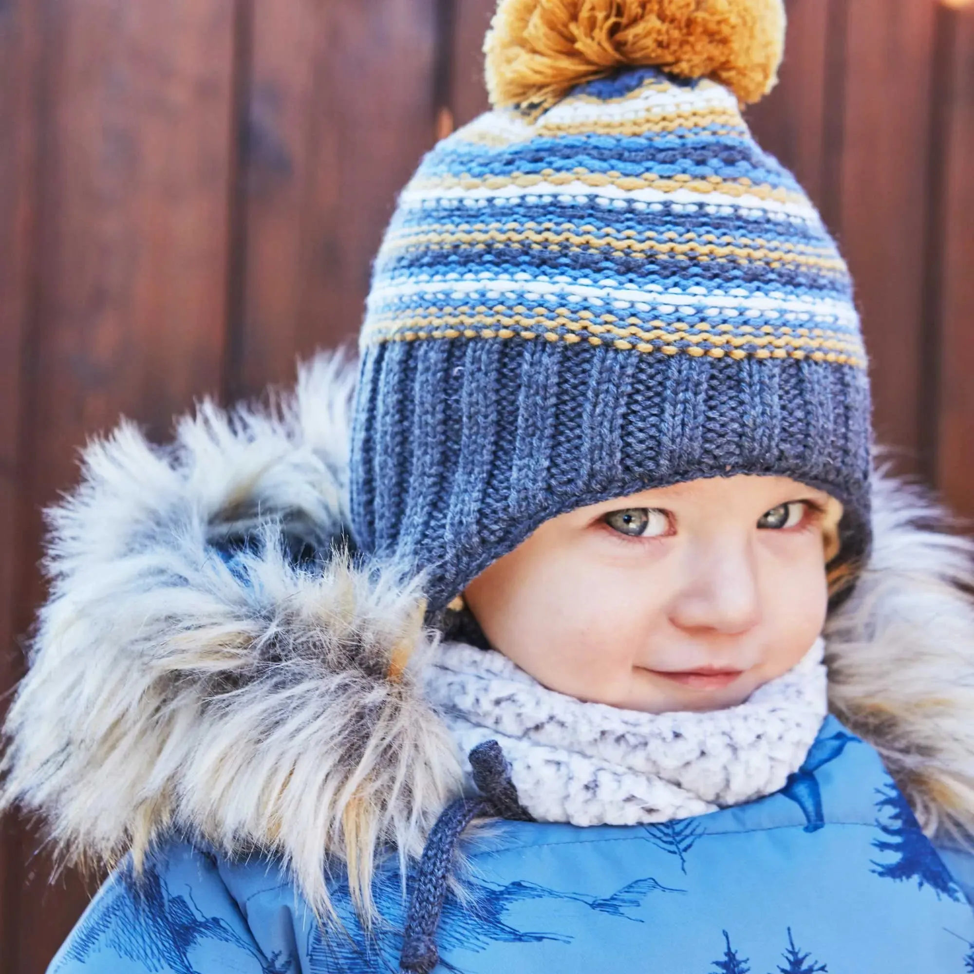 Baby Earflap Winter Hat Grey, Yellow And Blue Striped | DEUX PAR DEUX