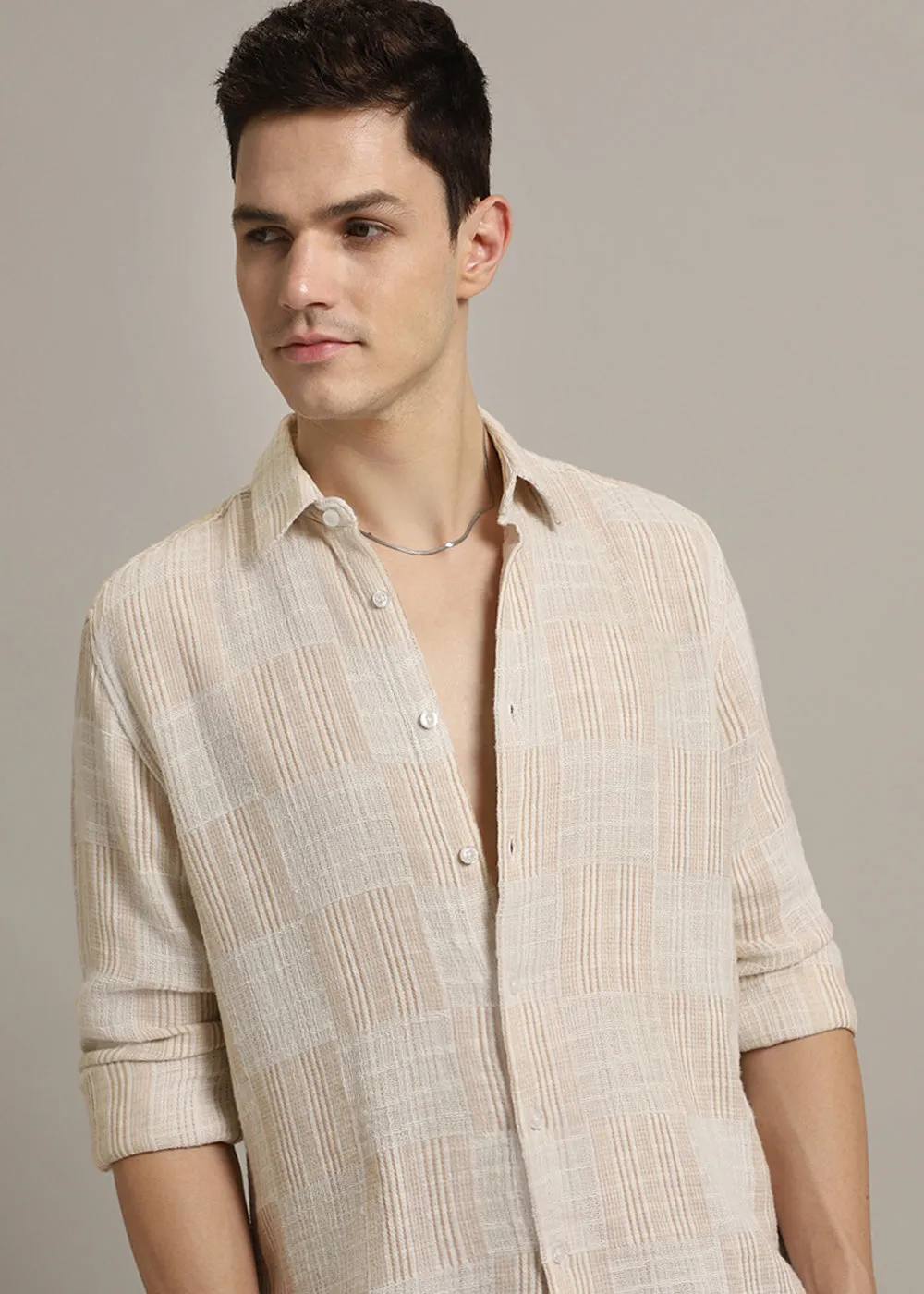 Beige Pin Check Textured Shirt