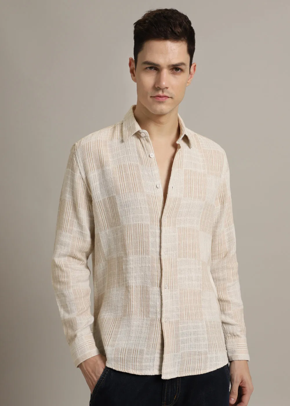 Beige Pin Check Textured Shirt