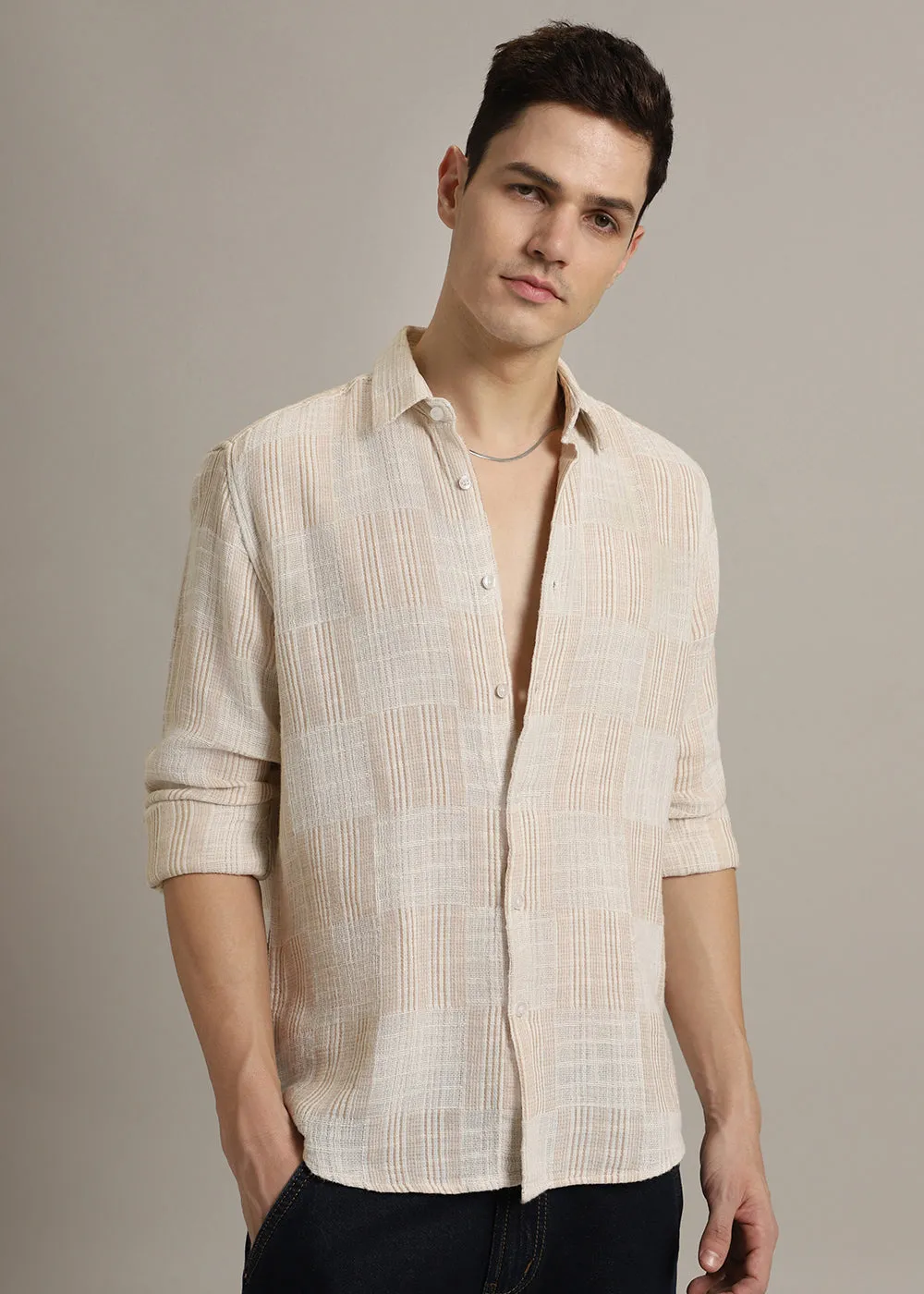 Beige Pin Check Textured Shirt