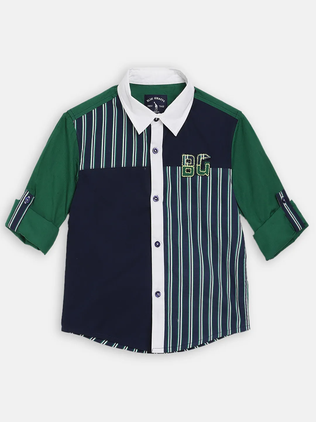 Blue Giraffe Boys Green Striped Collar Shirt