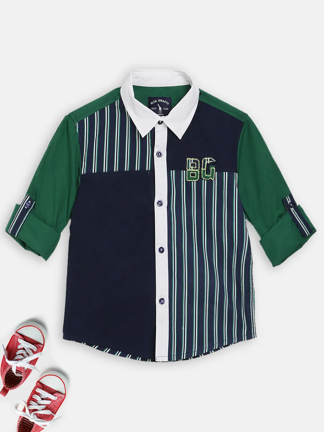 Blue Giraffe Boys Green Striped Collar Shirt