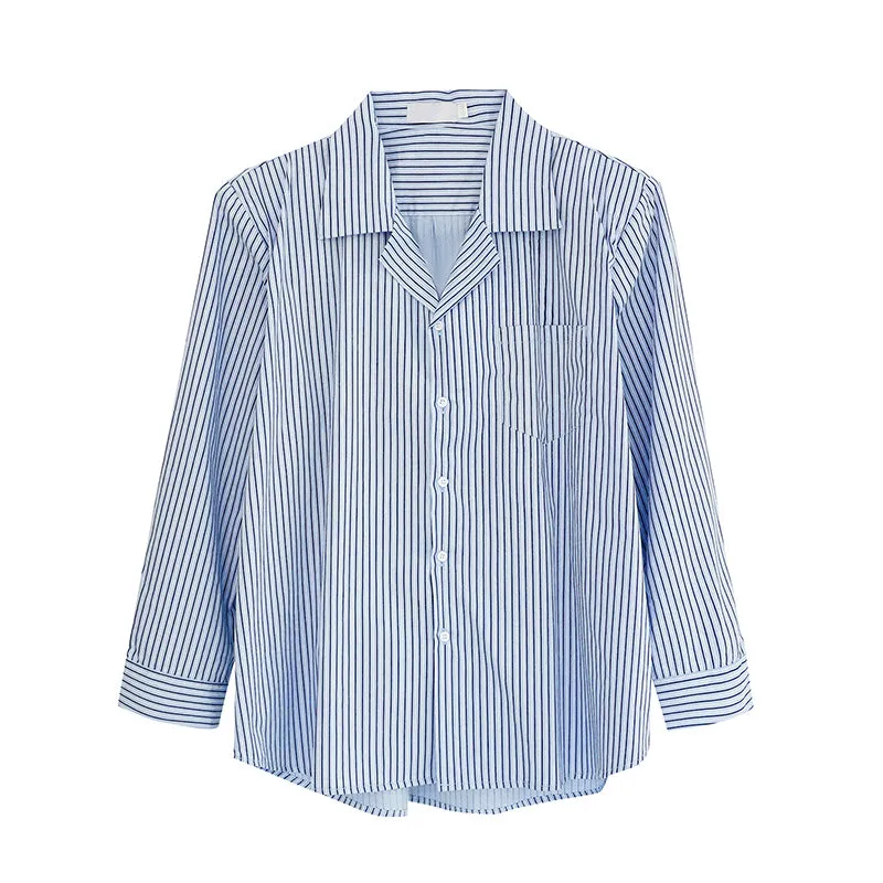 Blue Striped Cuban Collar Pad Shirt