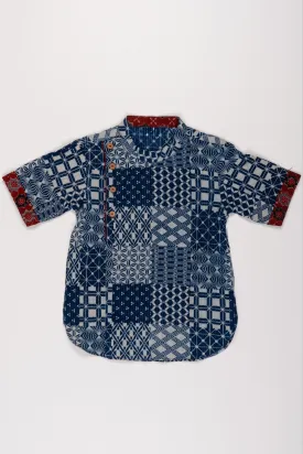 Boys Intricate Geometric Patterned Blue Cotton Shirt with Contrasting Cuff Detail