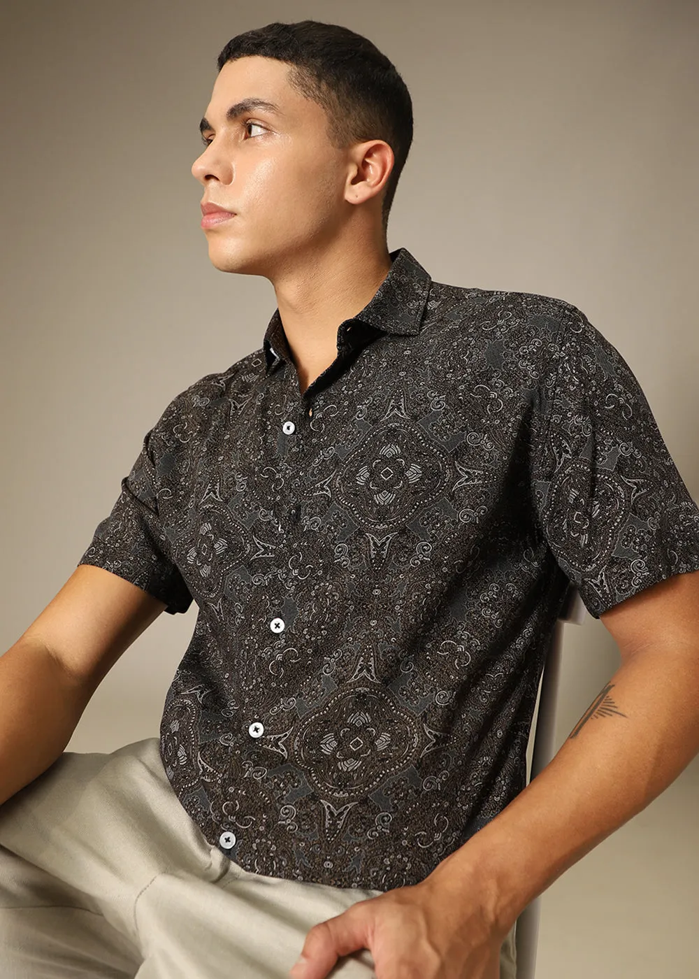 Brown Geometric Print Shirt