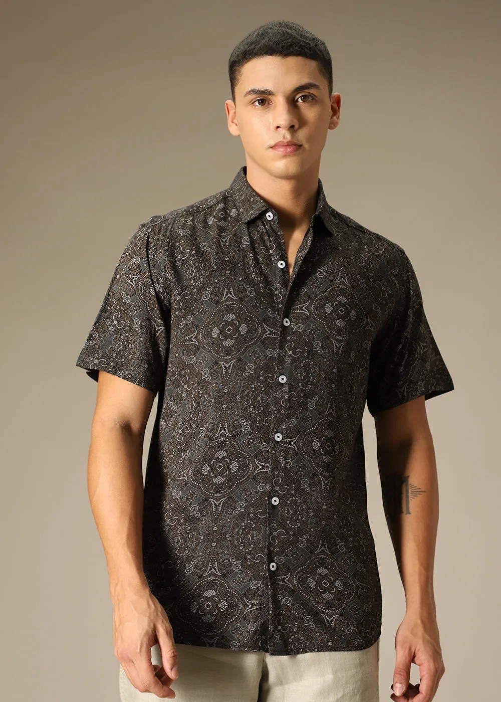 Brown Geometric Print Shirt