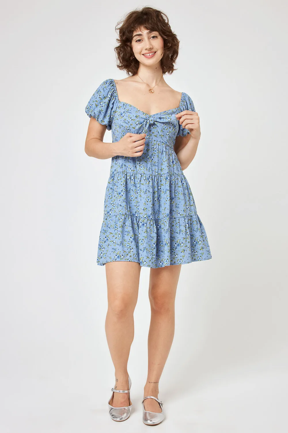 Denim Floral Tie Front Dress