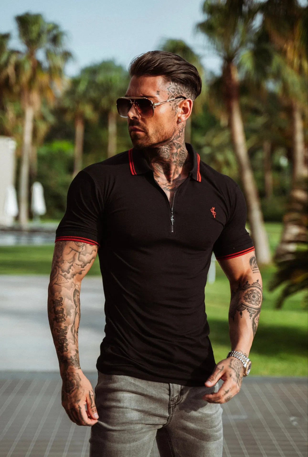 Father Sons Classic Black / Red Collar and Sleeve Contrast Polo Short Sleeve - FSH619