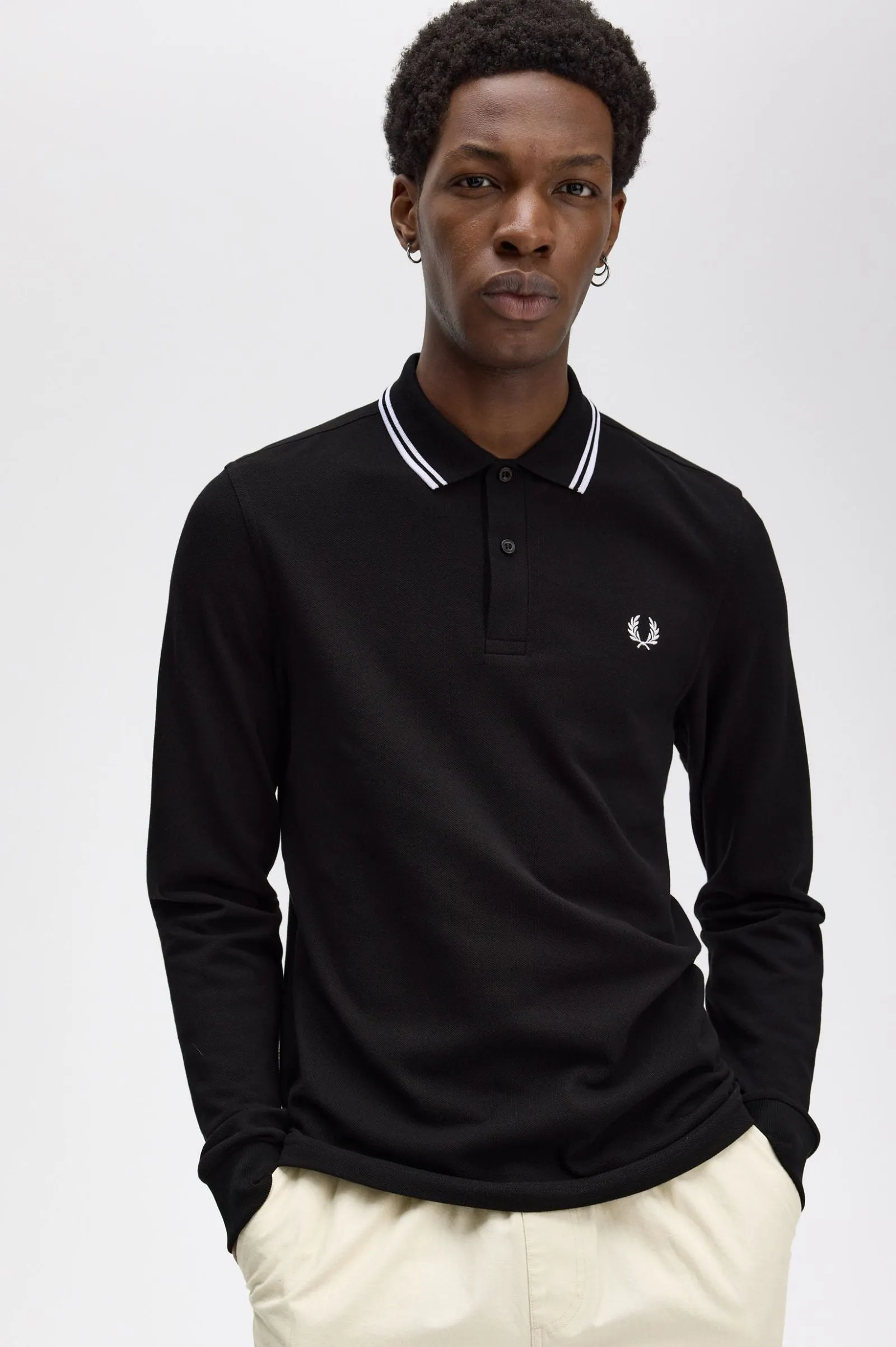 Fred Perry Long Sleeve Polo Black / White / White