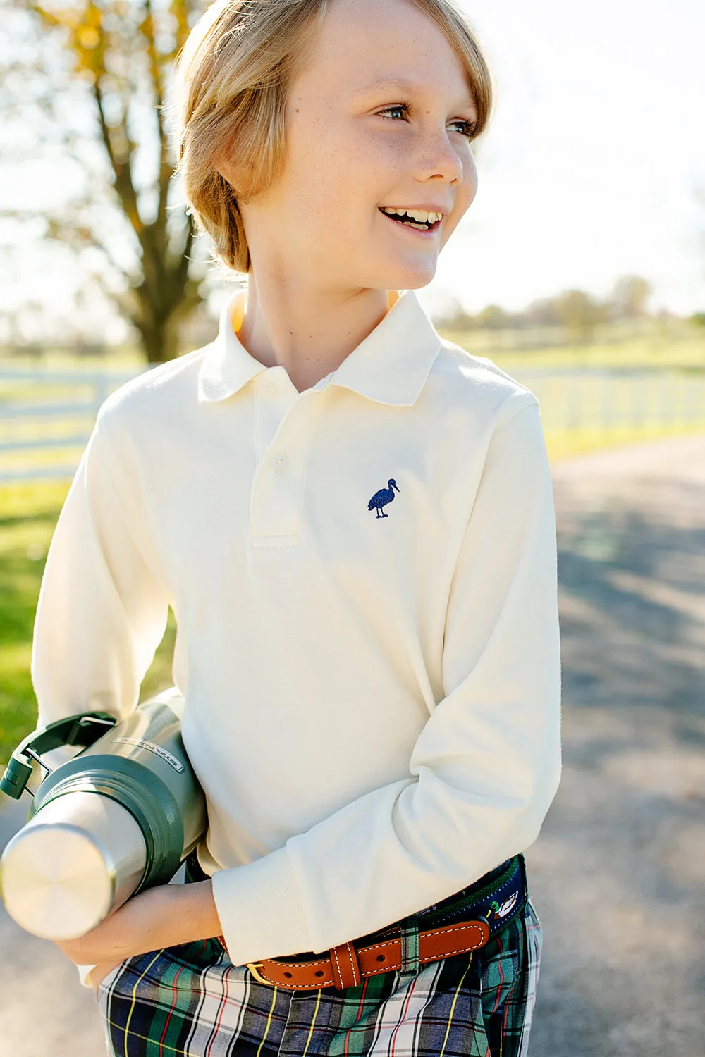 Long Sleeve Prim & Proper Polo & Onesie - Palmetto Pearl with Nantucket Navy Stork