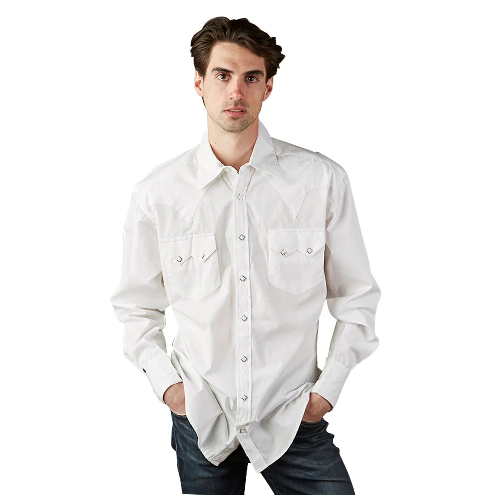 Men's Classic Pima Cotton Solid White Western Shirt with White Snaps