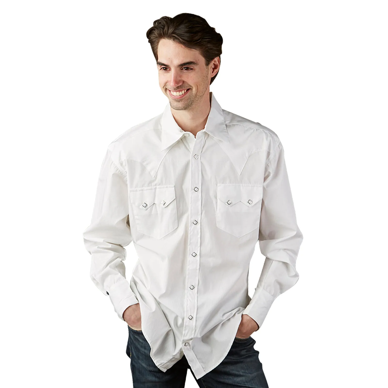 Men's Classic Pima Cotton Solid White Western Shirt with White Snaps