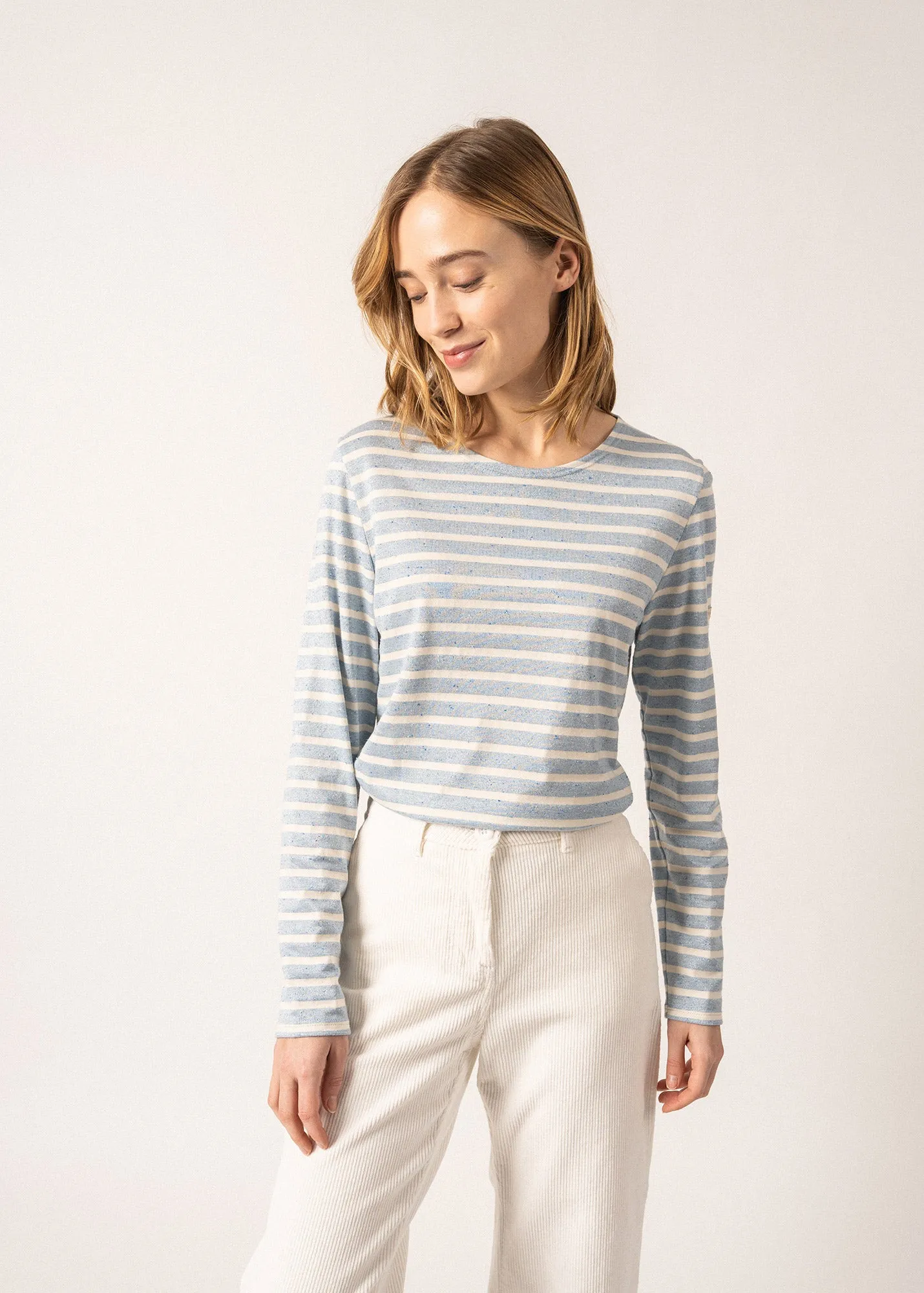 MINQUIDAME GLITTER - Breton Striped Shirt with Glitters | Soft Cotton | Women Fit (LIGHT BLUE / ECRU)