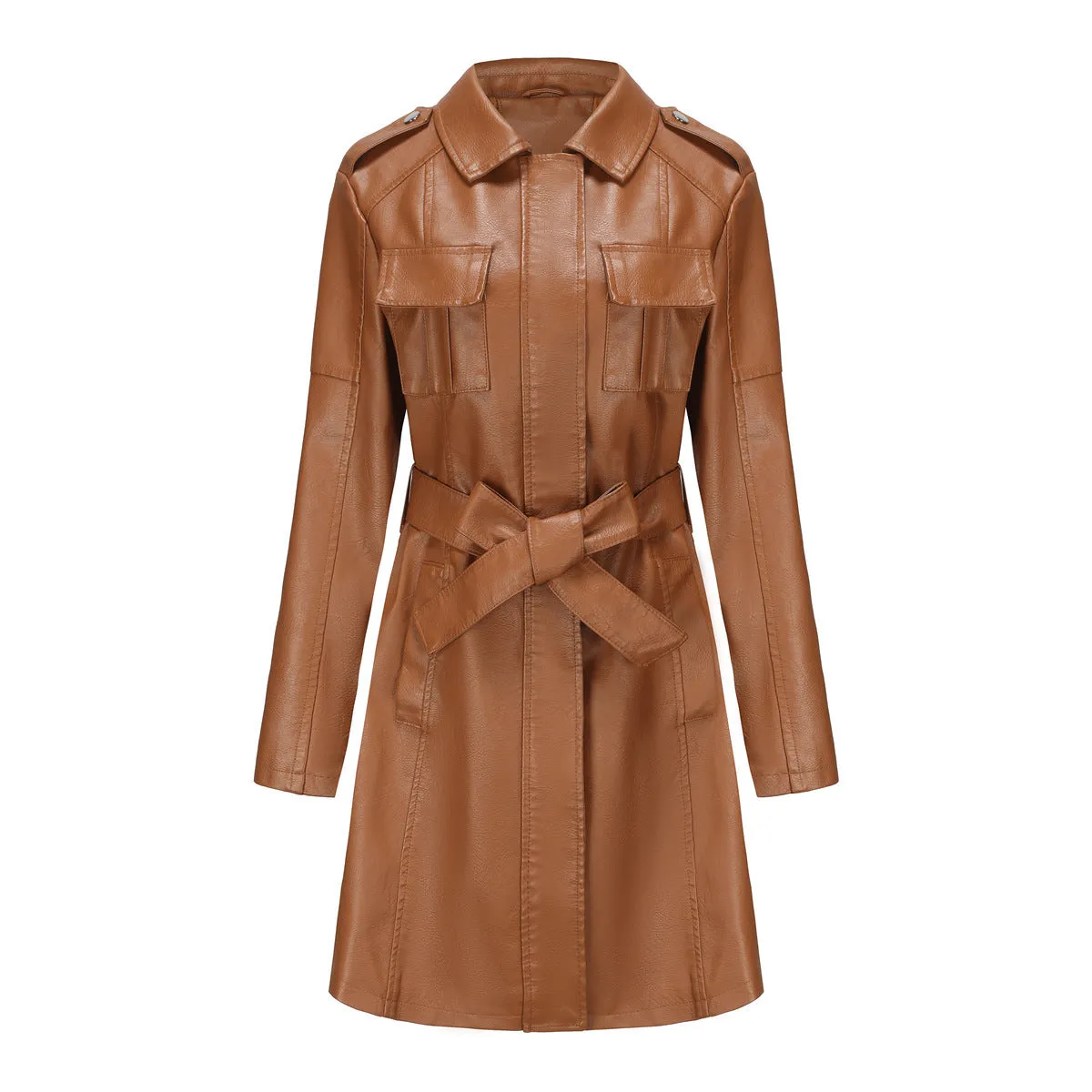 New European And American-style Mid-length Leather Coat With Belt Fashion Coat For Women