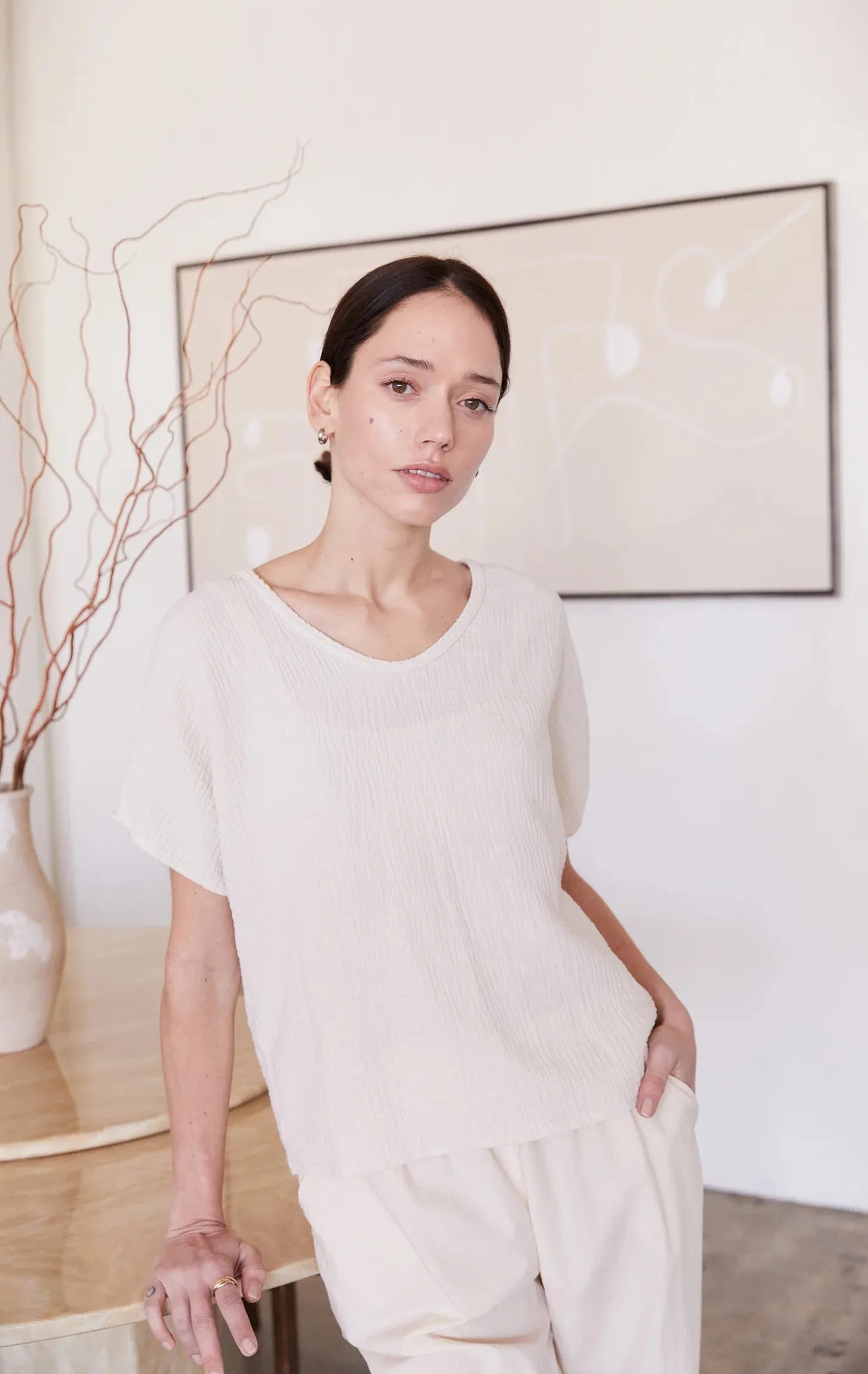 Organic Gauze Short Sleeve Top in Salt