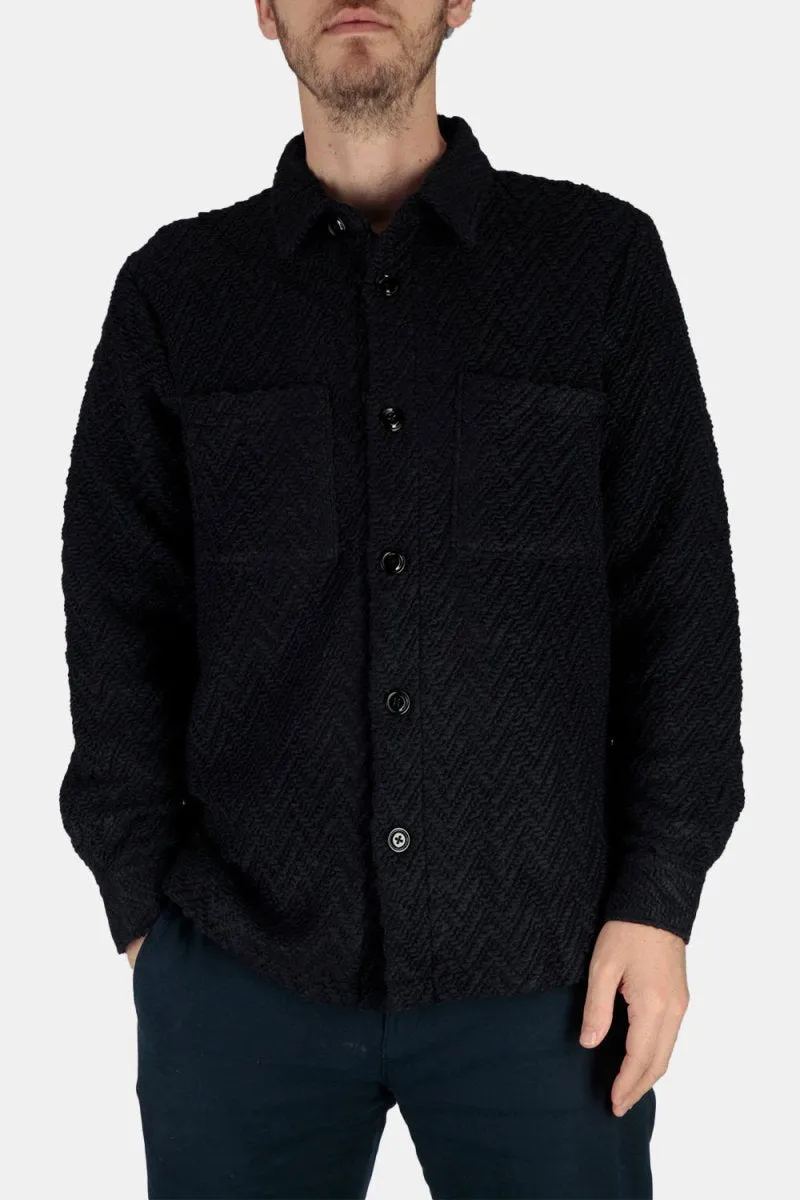 Portuguese Flannel Knited Herringbone Overshirt Shirt (Navy)