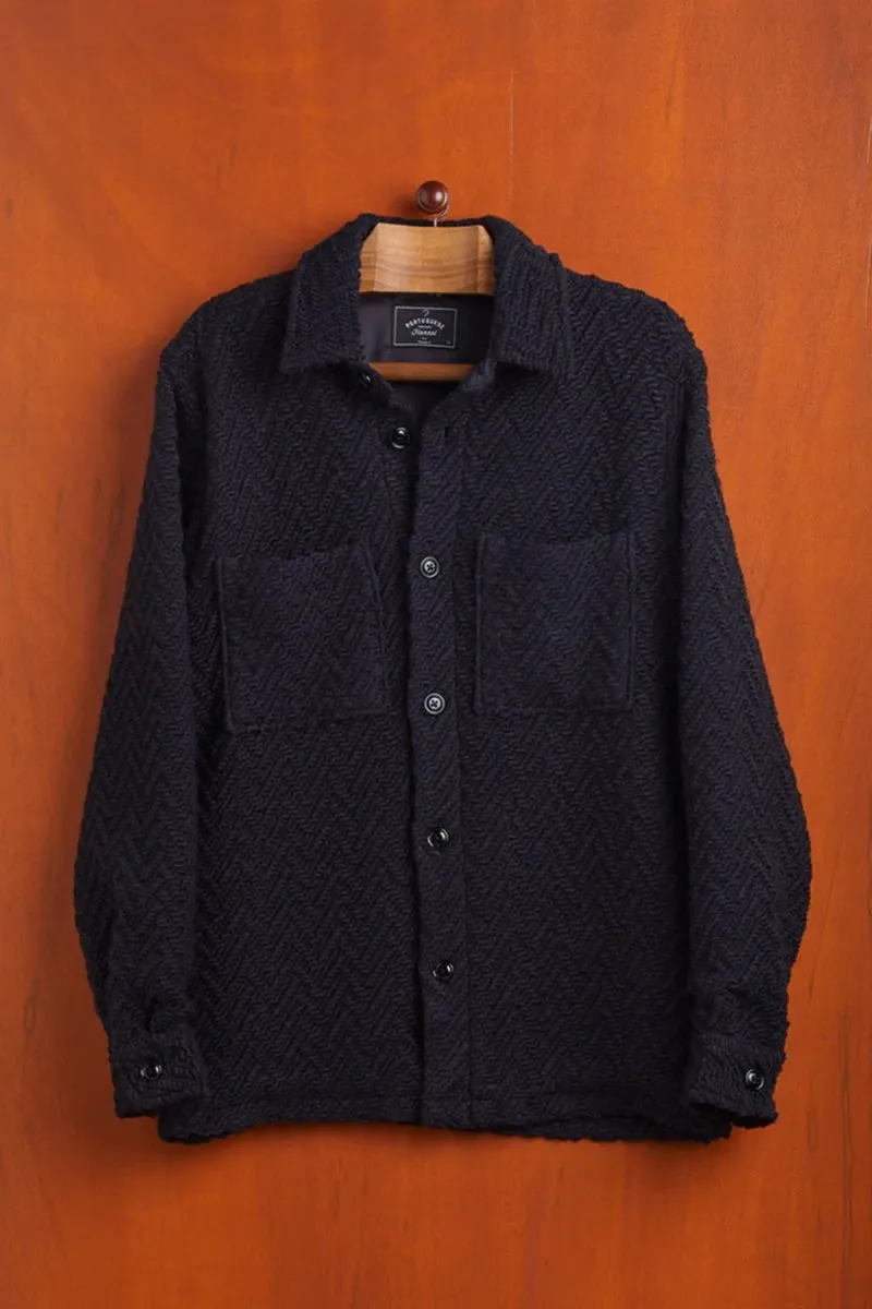 Portuguese Flannel Knited Herringbone Overshirt Shirt (Navy)