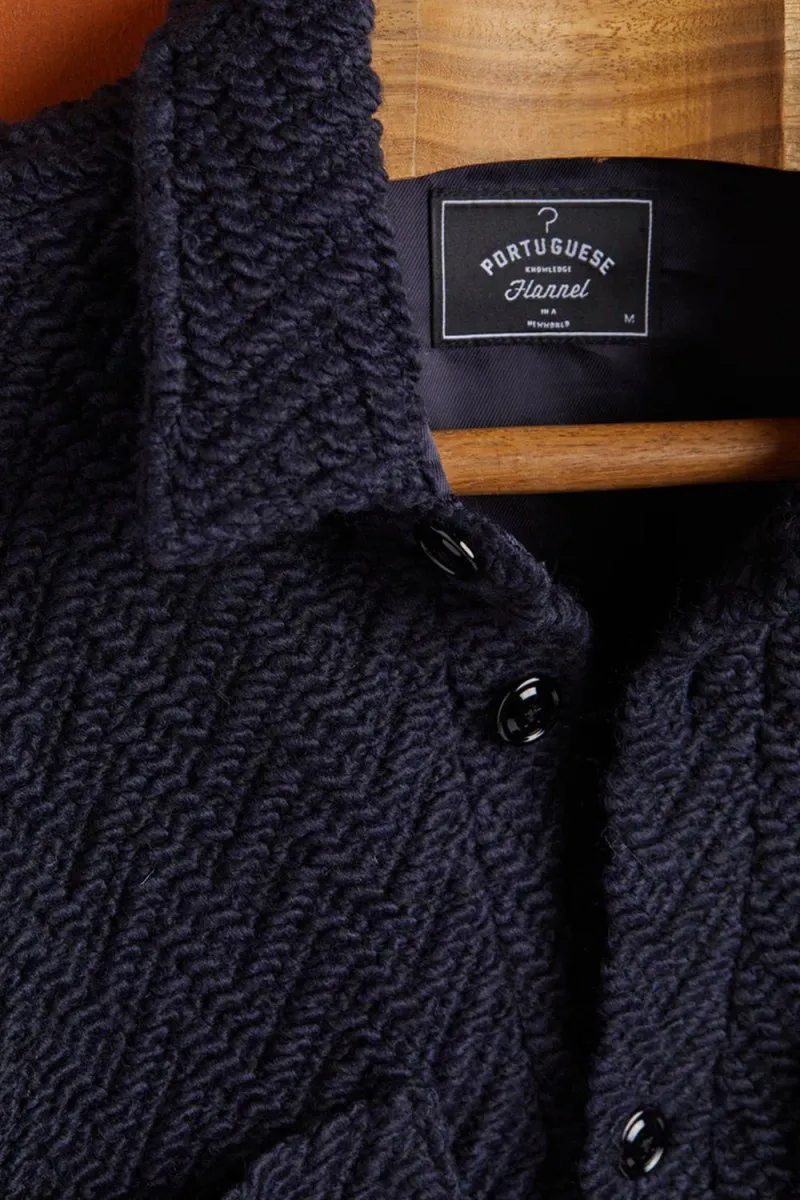 Portuguese Flannel Knited Herringbone Overshirt Shirt (Navy)