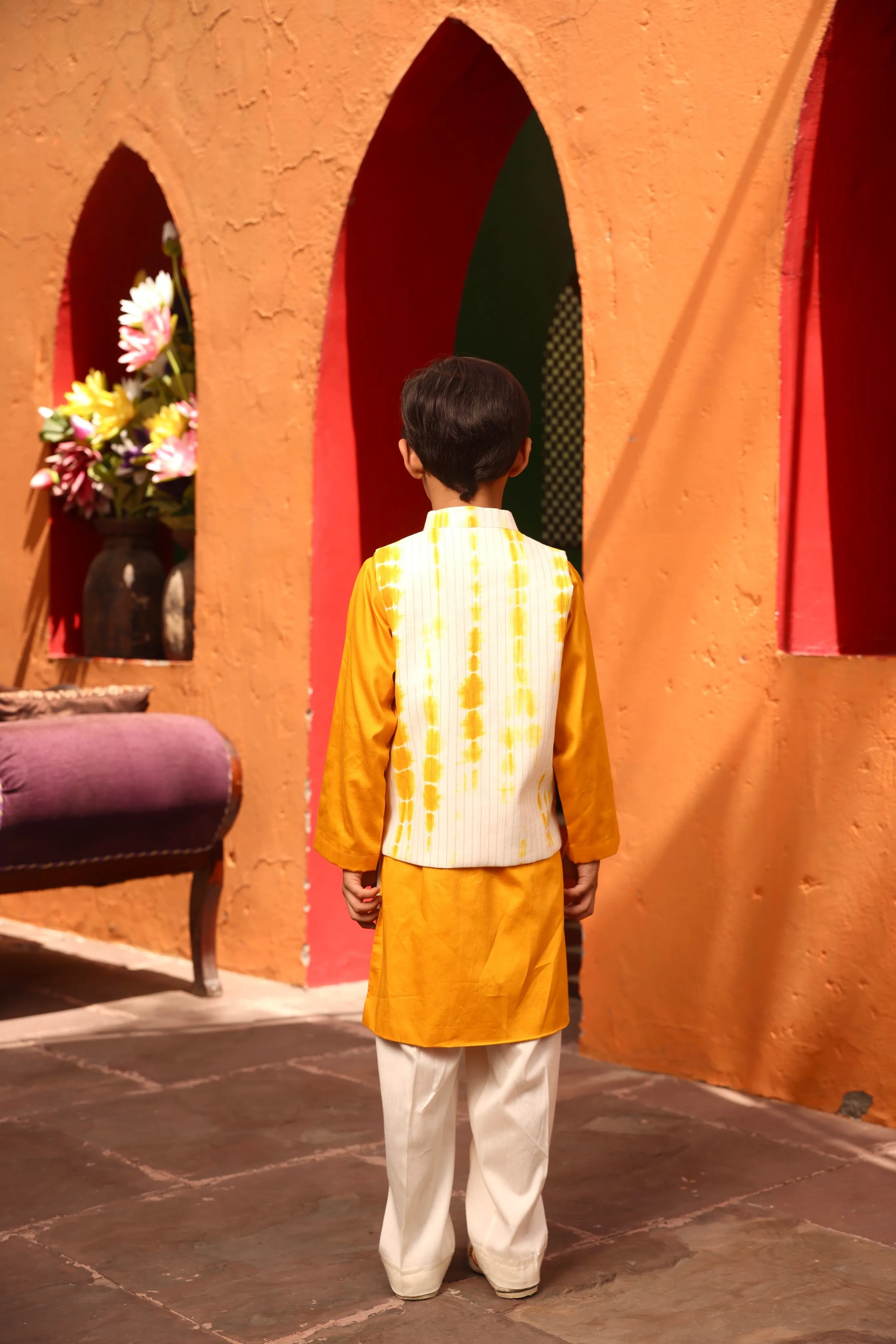 Pre Order: Yellow Tie and Die Nehru Jacket with Kurta and Pant