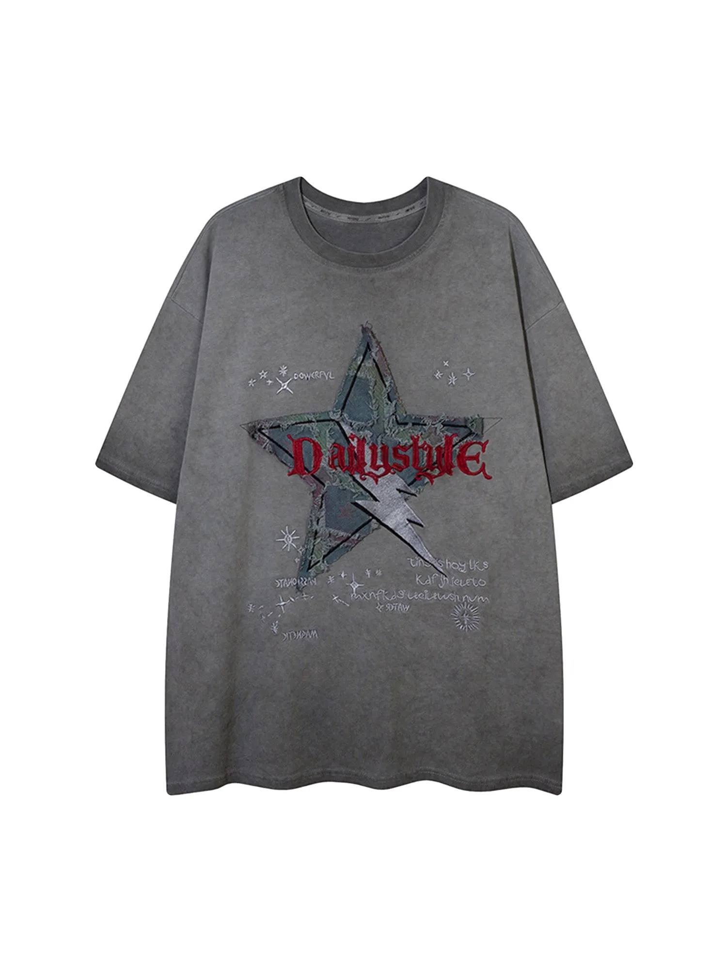 Retro Washed Denim Patch Embroidered Star T-shirt