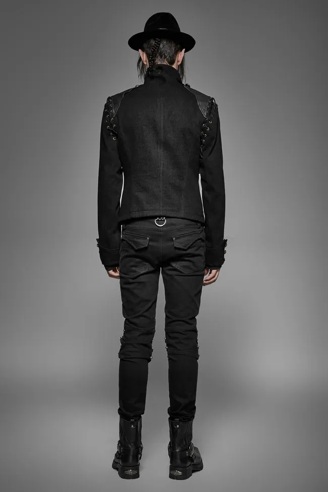 Shadow Goth: Men's Black Rugged Denim Punk Jacket with Removable Sleeves