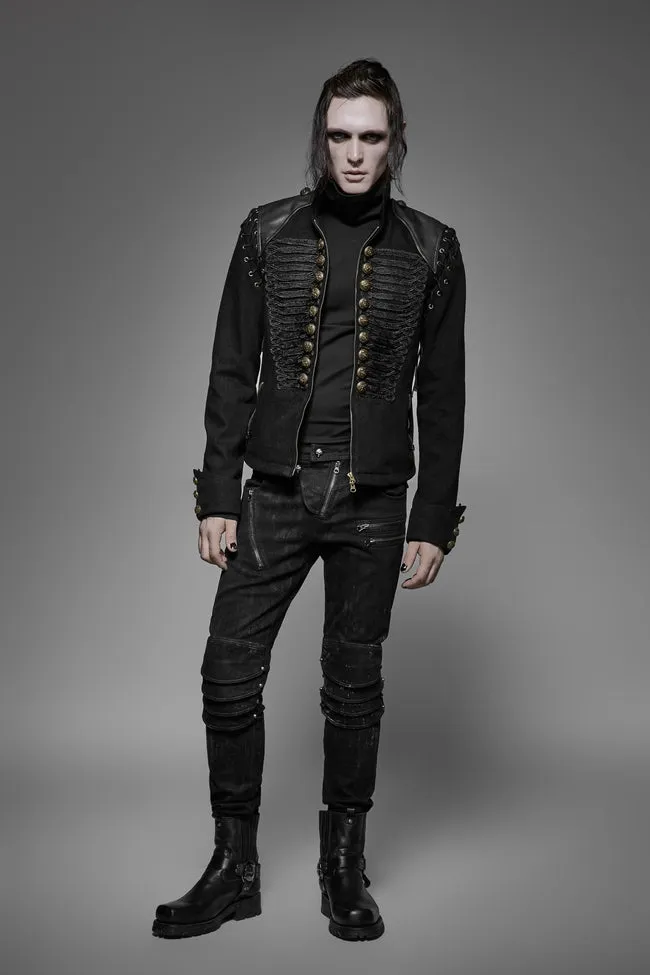 Shadow Goth: Men's Black Rugged Denim Punk Jacket with Removable Sleeves