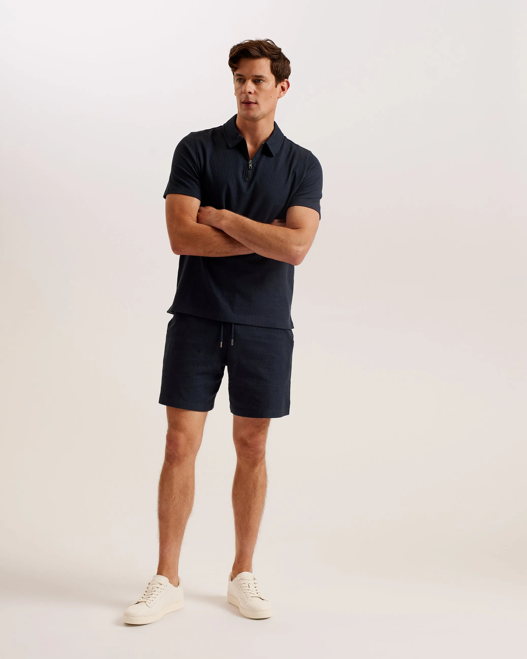 Zarkes Short Sleeve Ribbed Zip Polo Shirt Navy