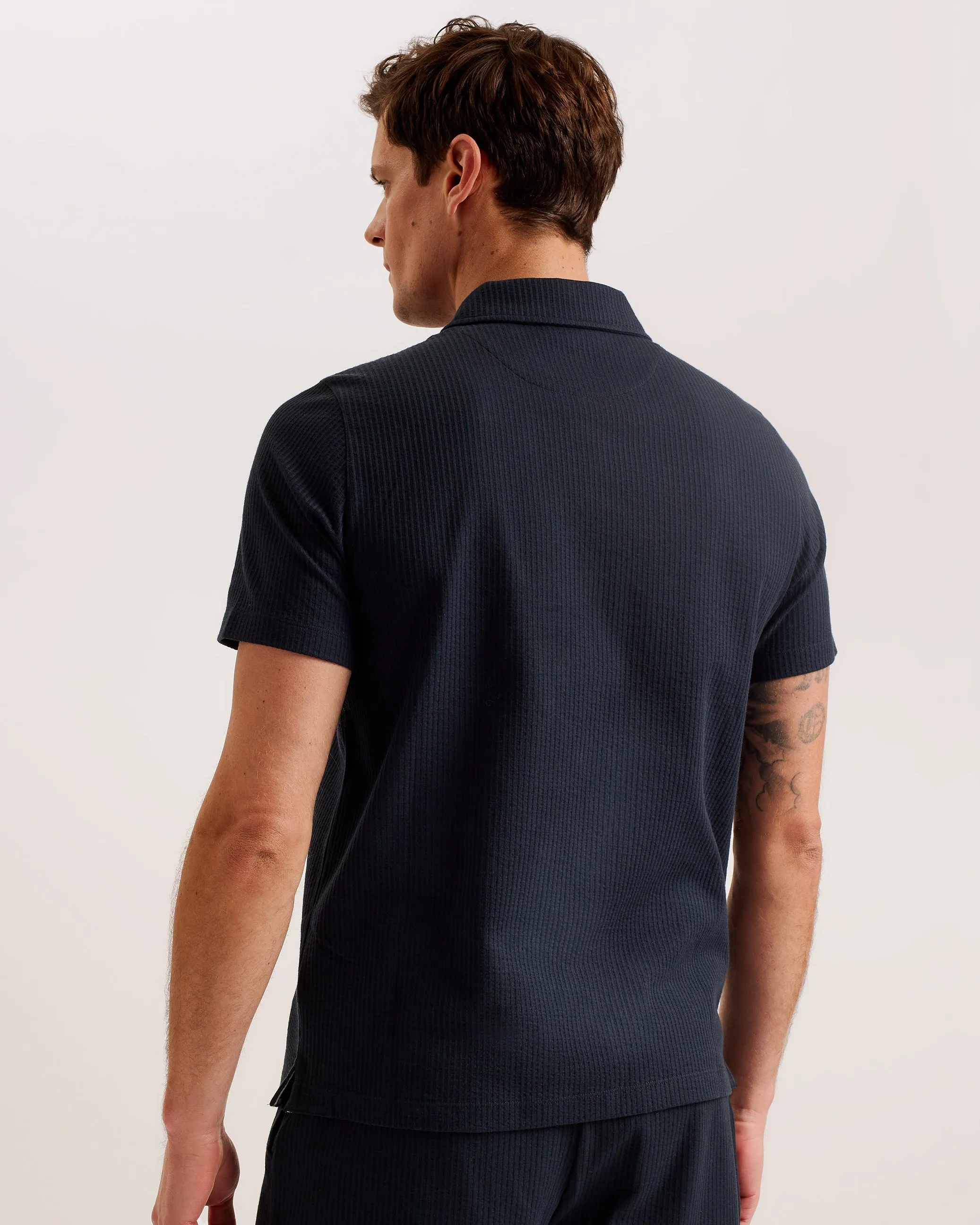 Zarkes Short Sleeve Ribbed Zip Polo Shirt Navy